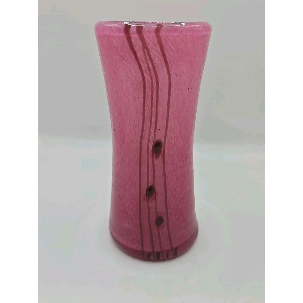 Hand Blown Art Glass Mottled Pink Vase w/ Textured Lines & Dots Applied